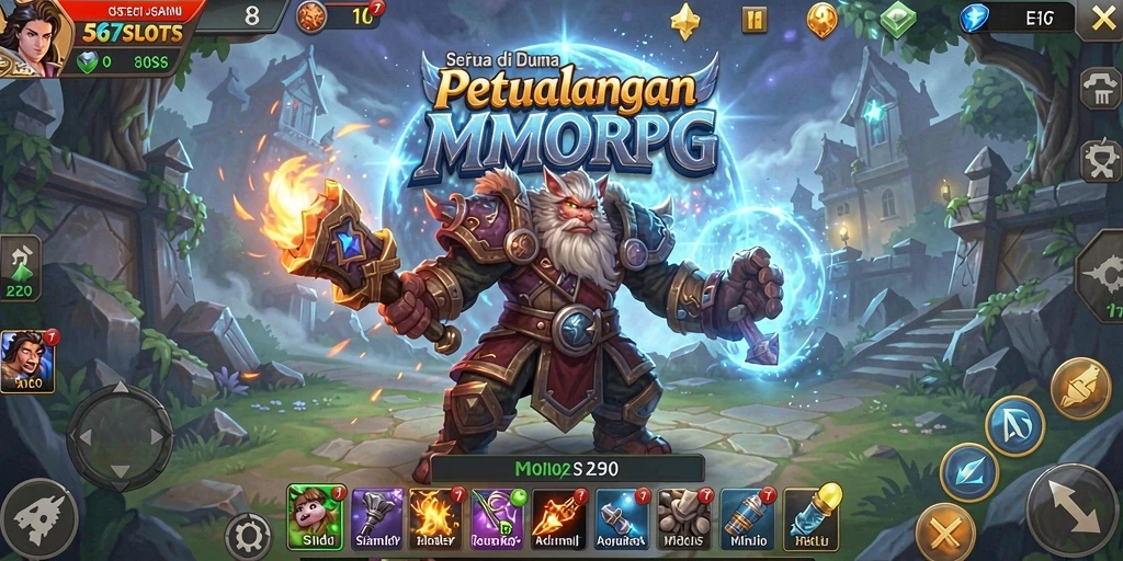Tampilan gameplay 567SLOTS dengan pertempuran seru dan pemandangan indah.