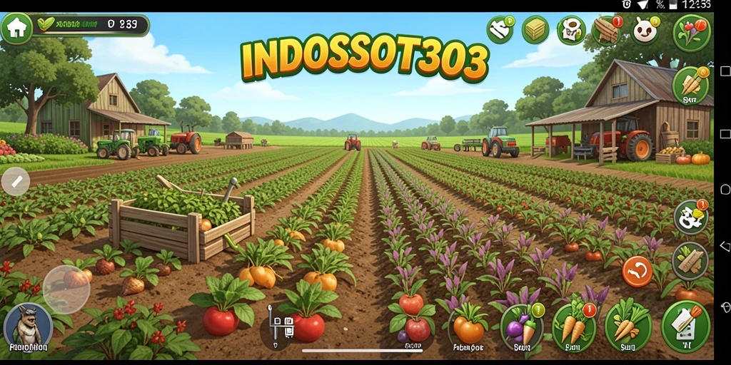 Screenshot dari gameplay INDOSLOT303 yang menunjukkan aktivitas bertani.