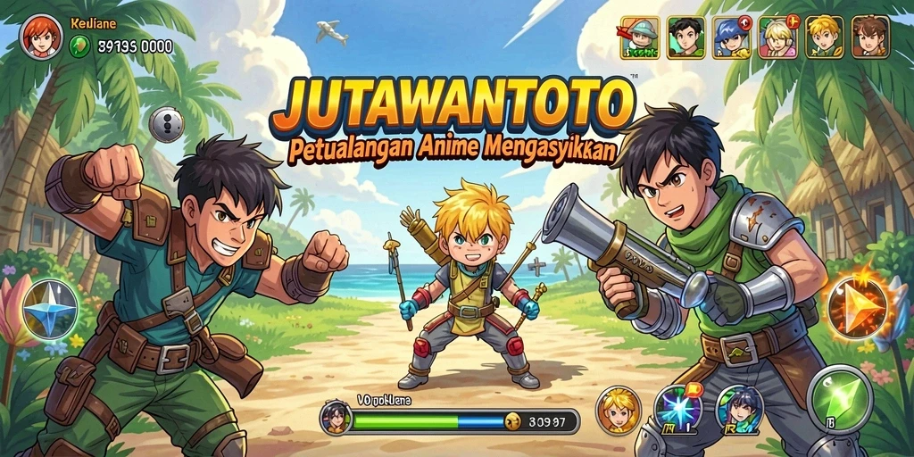 Tampilan gameplay seru di JUTAWANTOTO dengan karakter anime yang dinamis.