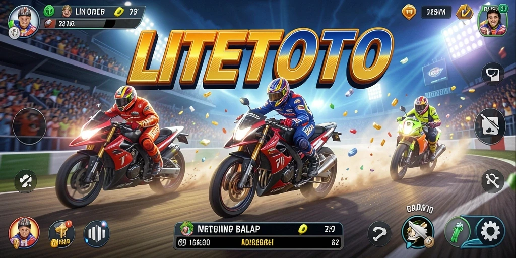 Tangkapan layar utama LITETOTO menampilkan aksi balap mendebarkan di lintasan.