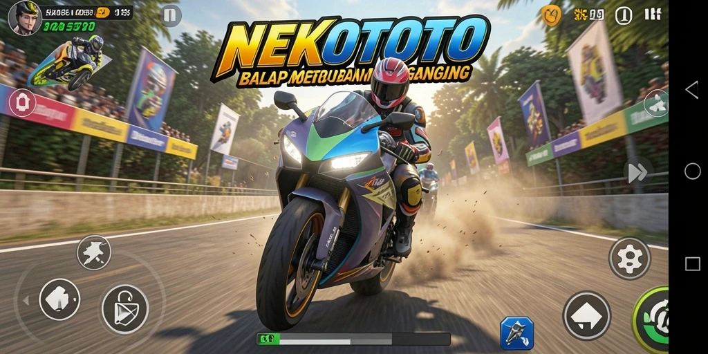 Gameplay seru di NEKOTOTO dengan balapan motor yang mendebarkan.