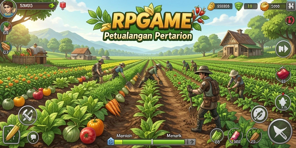 Screenshot gameplay RPGAME menampilkan ladang yang subur dan hewan ternak.